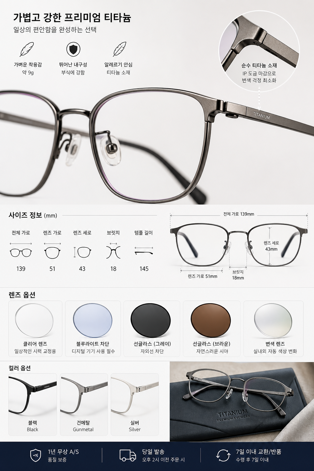 close-up product comparison layout of eyeglass frame size chart, lens option labels, titanium material detail, Korean ecommerce style, crisp lighting