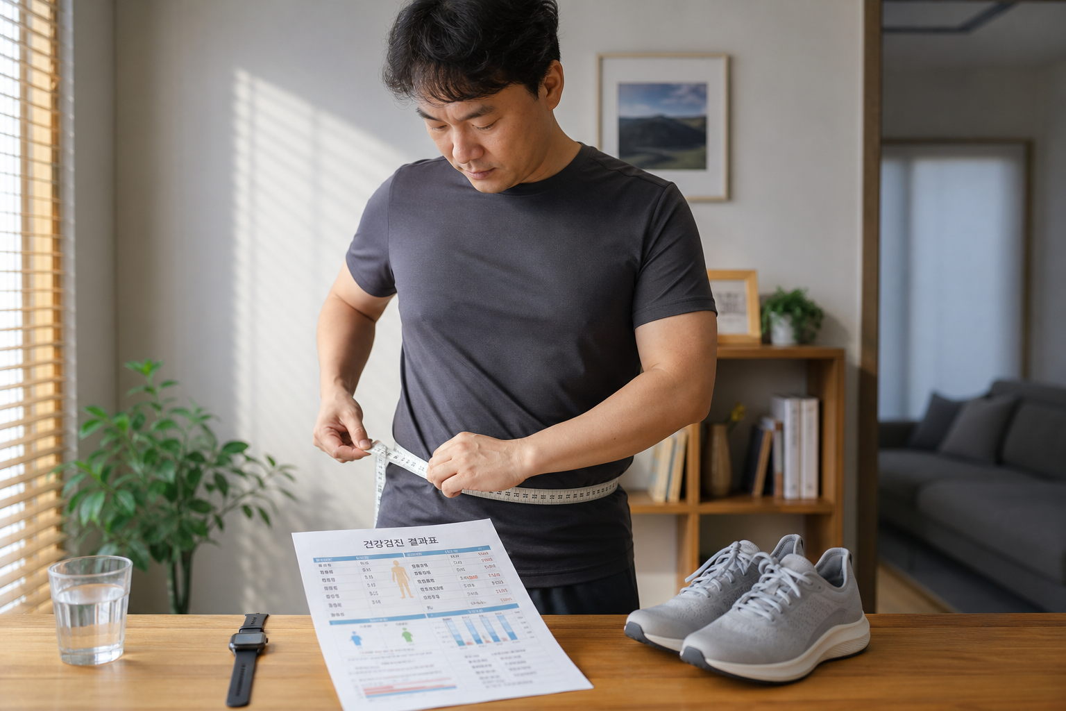 (Editorial health photo of a Korean adult reviewing a medical checkup chart at home, measuring waist circumference with a tape while a smartwatch and walking shoes rest nearby. Natural morning side light, soft shadow falloff, 35mm lens, realistic home setting, balanced composition that suggests prevention and self-monitoring)