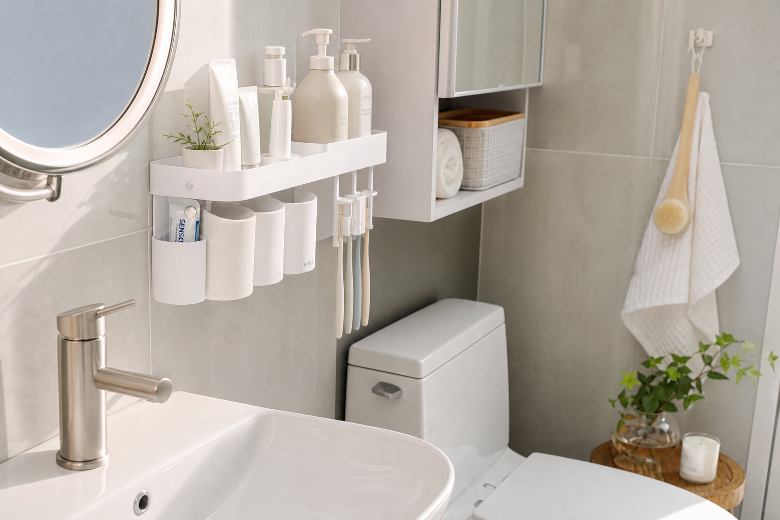Bright Korean bathroom styling photo, compact apartment bathroom with white wall-mounted shelf, toothpaste holder, pump bottles, clean sink, soft daylight, realistic editorial interior photography, high detail