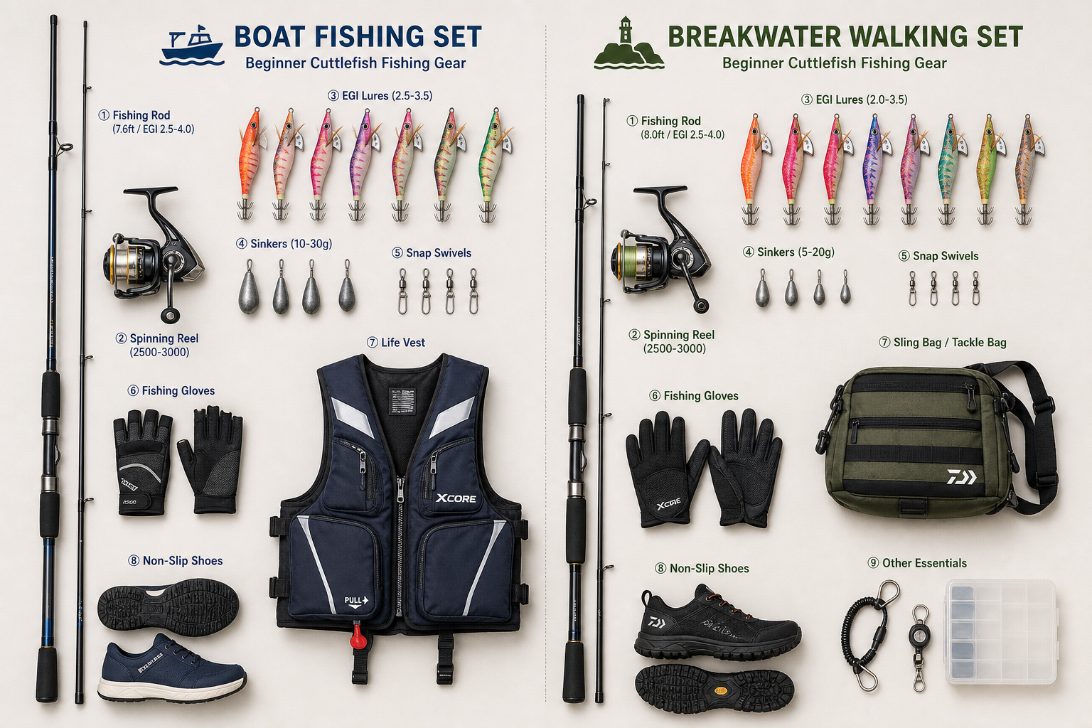 Overhead gear layout for beginner cuttlefish fishing, clearly separated sections for boat fishing and breakwater walking, egi lures, sinkers, rod, reel, gloves, life vest, non-slip shoes, clean studio lighting, realistic catalog style