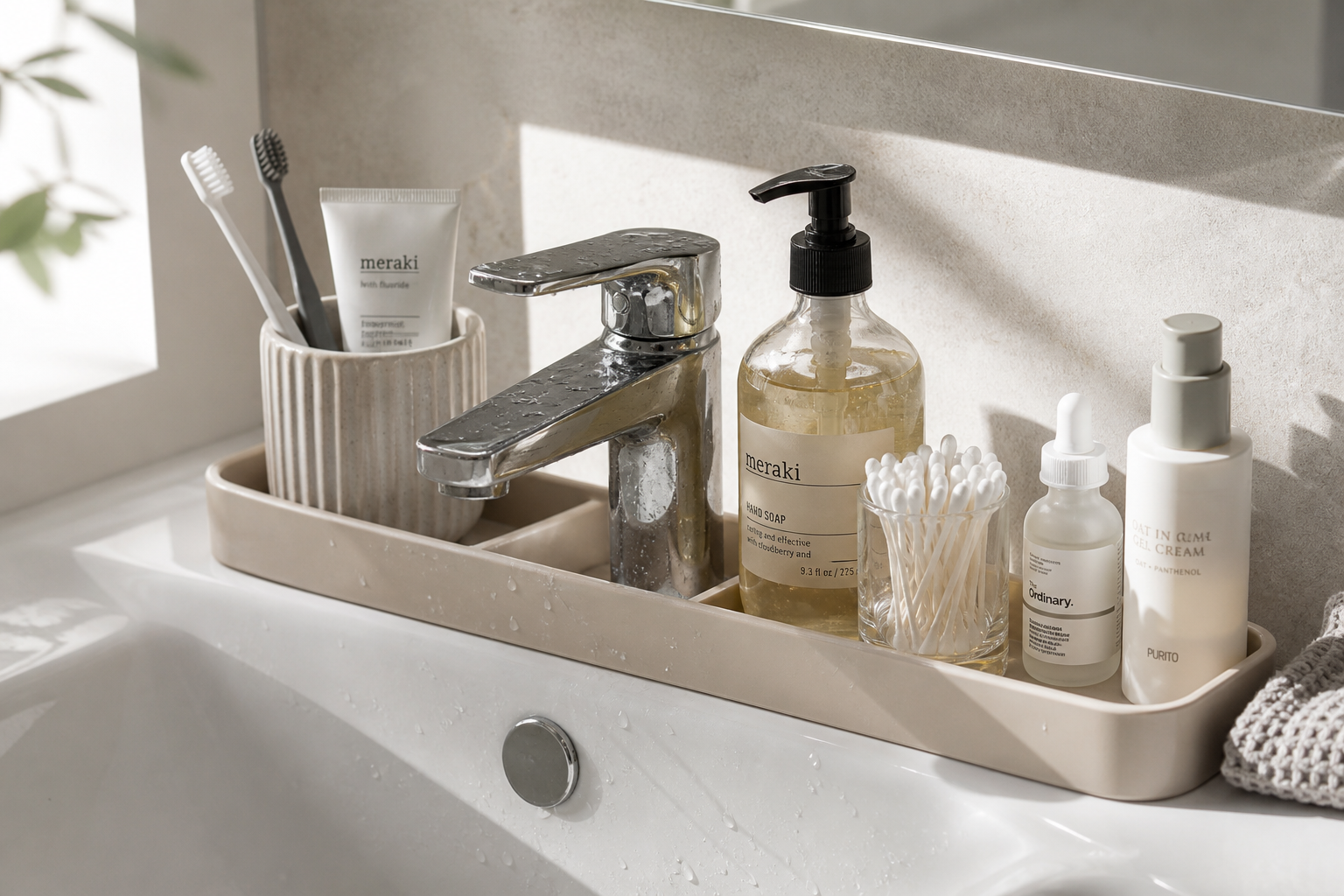 minimalist sink organizer tray around a bathroom faucet, neatly separated toothbrush, toothpaste, hand soap, cotton swabs, and skincare bottles, glossy ceramic sink, bright natural morning light, realistic water droplets, premium home organization editorial style