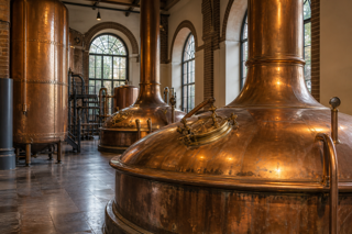 Photorealistic interior museum photo of vintage brewery tanks and copper brewing equipment, controlled warm key light, soft fill light, preserved industrial texture, 50mm lens