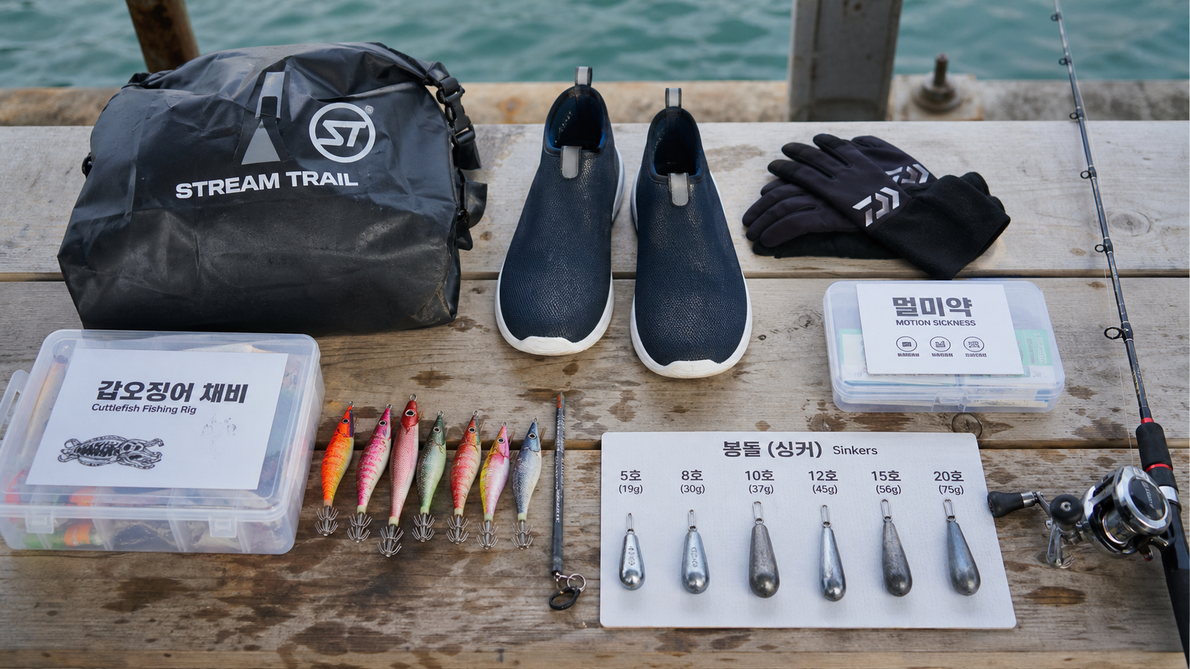 (Documentary editorial photo of a beginner cuttlefish boat fishing kit laid out on a dock bench, sinkers sorted by weight, egi lures, motion sickness pills, non-slip deck shoes, gloves, waterproof bag, cool neutral daylight, realistic marine texture, 35mm lens, high detail --ar 16:9) 갑오징어 첫 출조 준비물을 한눈에 보여주는 오프닝 이미지. 초보자가 무엇을 챙겨야 하는지 즉시 이해되는 구성으로 연출합니다.