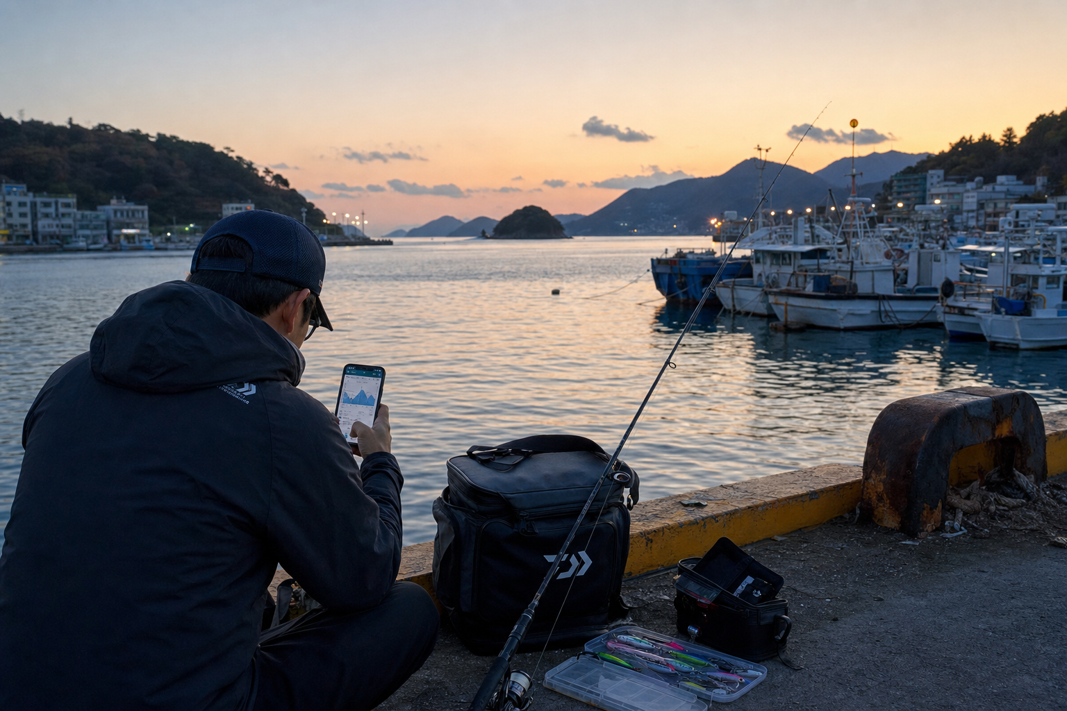 Twilight fishing harbor in Tongyeong during autumn, beginner angler checking tide chart on smartphone beside compact tackle bag, calm sea, practical gear layout, cinematic natural light, realistic documentary style