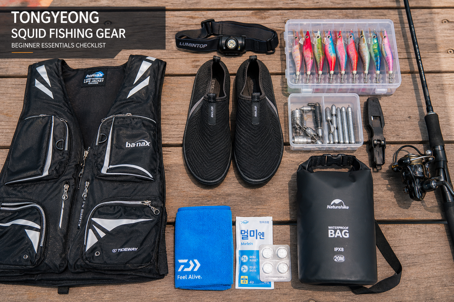 Organized flat-lay of beginner squid fishing gear for Tongyeong, life vest, headlamp, anti-slip shoes, squid jigs, sinkers, seasickness pills, waterproof pouch, practical checklist mood, bright natural daylight, premium blog visual