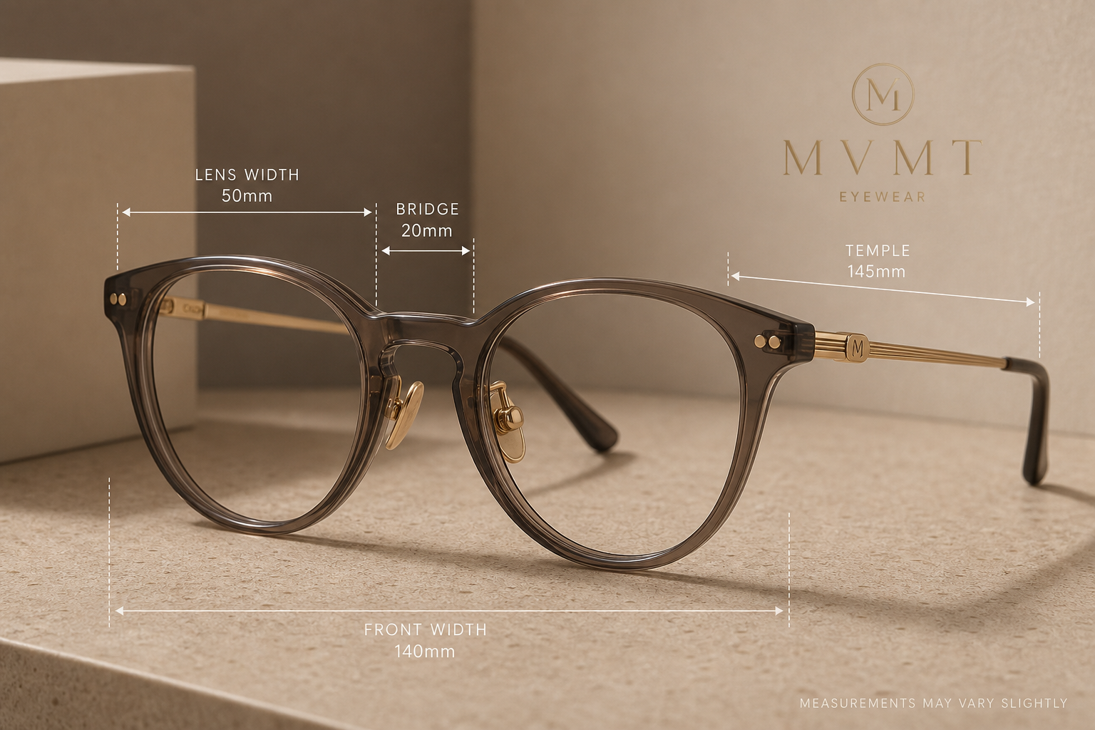 close-up product style photo of eyeglass frame measurements with lens width bridge temple front width marked by fine lines, minimal luxury e-commerce aesthetic, warm neutral tabletop