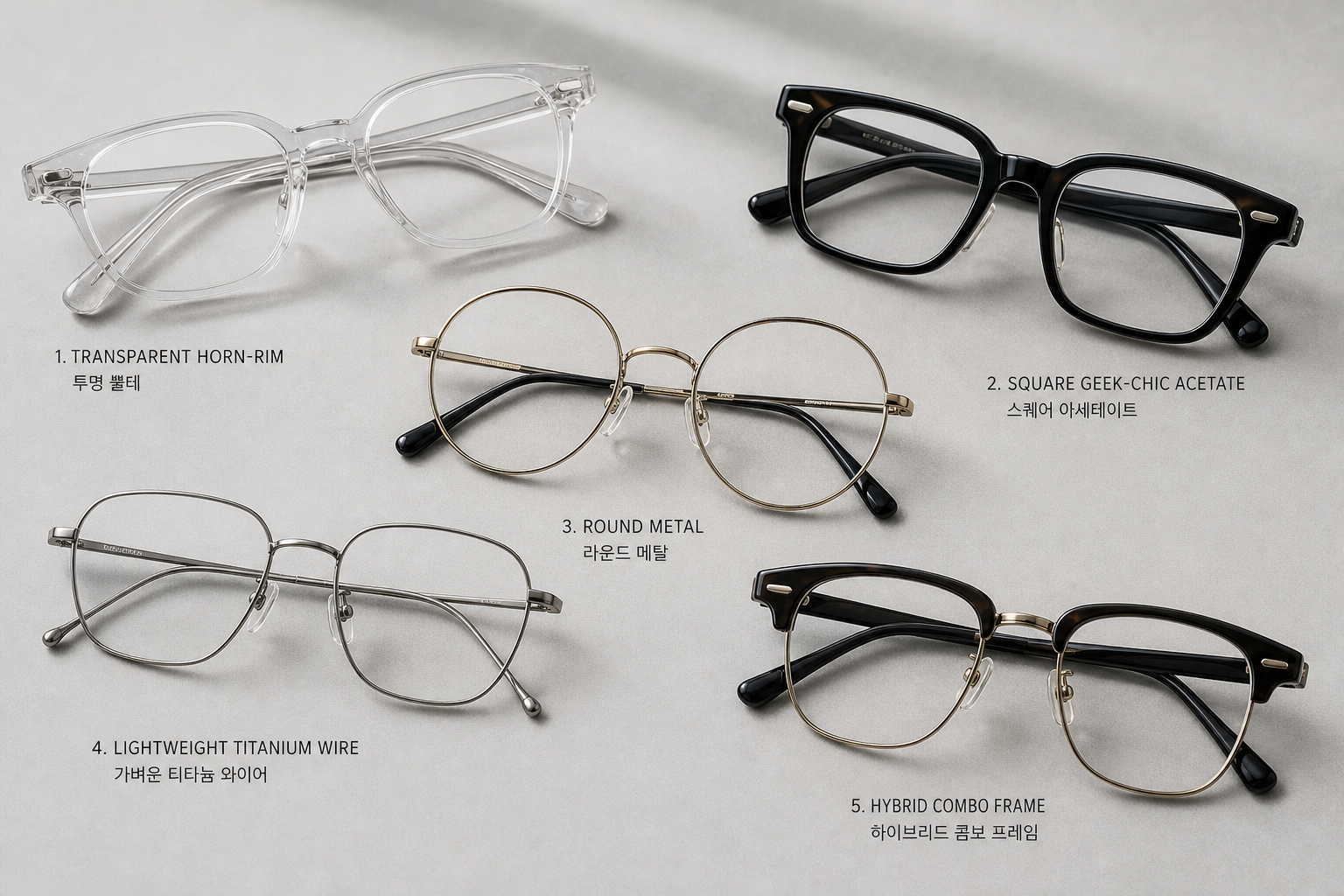 Clean studio product photo of five Korean eyeglass frame styles arranged in one composition, transparent horn-rim frame, square geek-chic acetate frame, round metal frame, lightweight titanium wire frame, and hybrid combo frame, soft daylight, neutral gray background, premium e-commerce editorial look