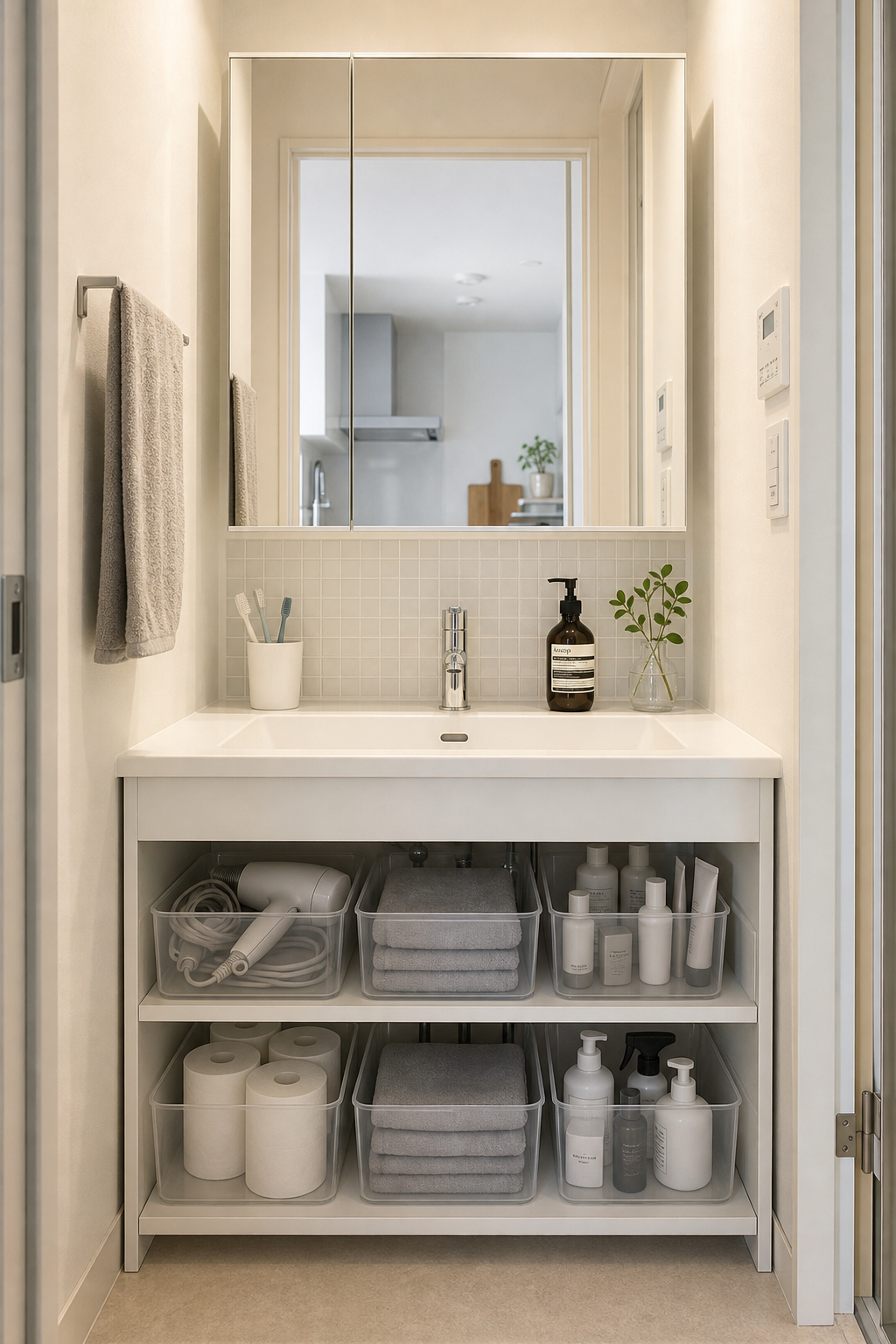 tidy bathroom sink in a tiny apartment, only daily essentials visible, transparent bins stored below, soft daylight, realistic organization editorial photo