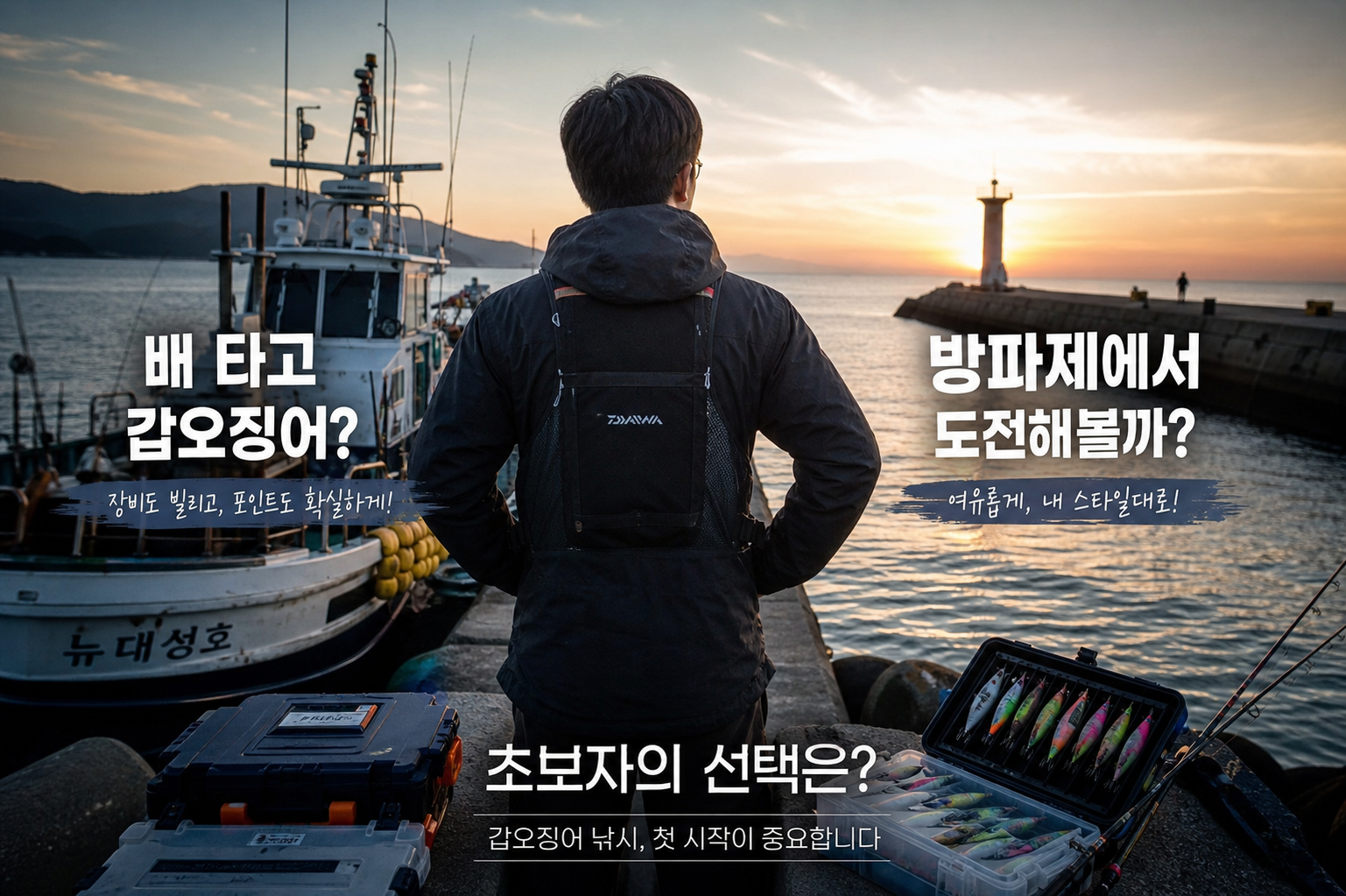 Cinematic editorial photo of a Korean beginner angler choosing between a cuttlefish fishing boat and a harbor breakwater at sunrise, tackle boxes, egi lures, calm sea, realistic documentary lighting, premium fishing blog hero image