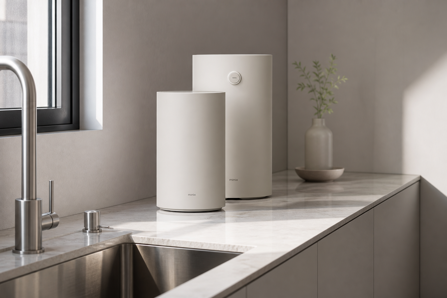 Premium compact food waste processor on a narrow Korean apartment counter, matte greige body, soft daylight from side window, clean sink area, realistic stainless and plastic reflections, 50mm product photography, high detail, minimal lifestyle styling | 좁은 주방 상판에 놓인 미닉스 mini의 공간 효율을 보여주는 컷. 본체 크기 대비 여유 공간이 느껴지도록 촬영하는 장면.