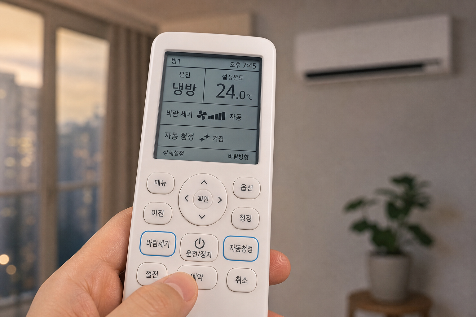 Close-up of an air conditioner remote control showing fan mode and auto clean options, soft evening light, practical Korean apartment setting, realistic product-use photography with clear button visibility