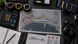 Top-down style realistic image of a Formula 1 strategy desk with Baku circuit map, tire icons, timing screens, calm professional lighting, Korean blog article insert