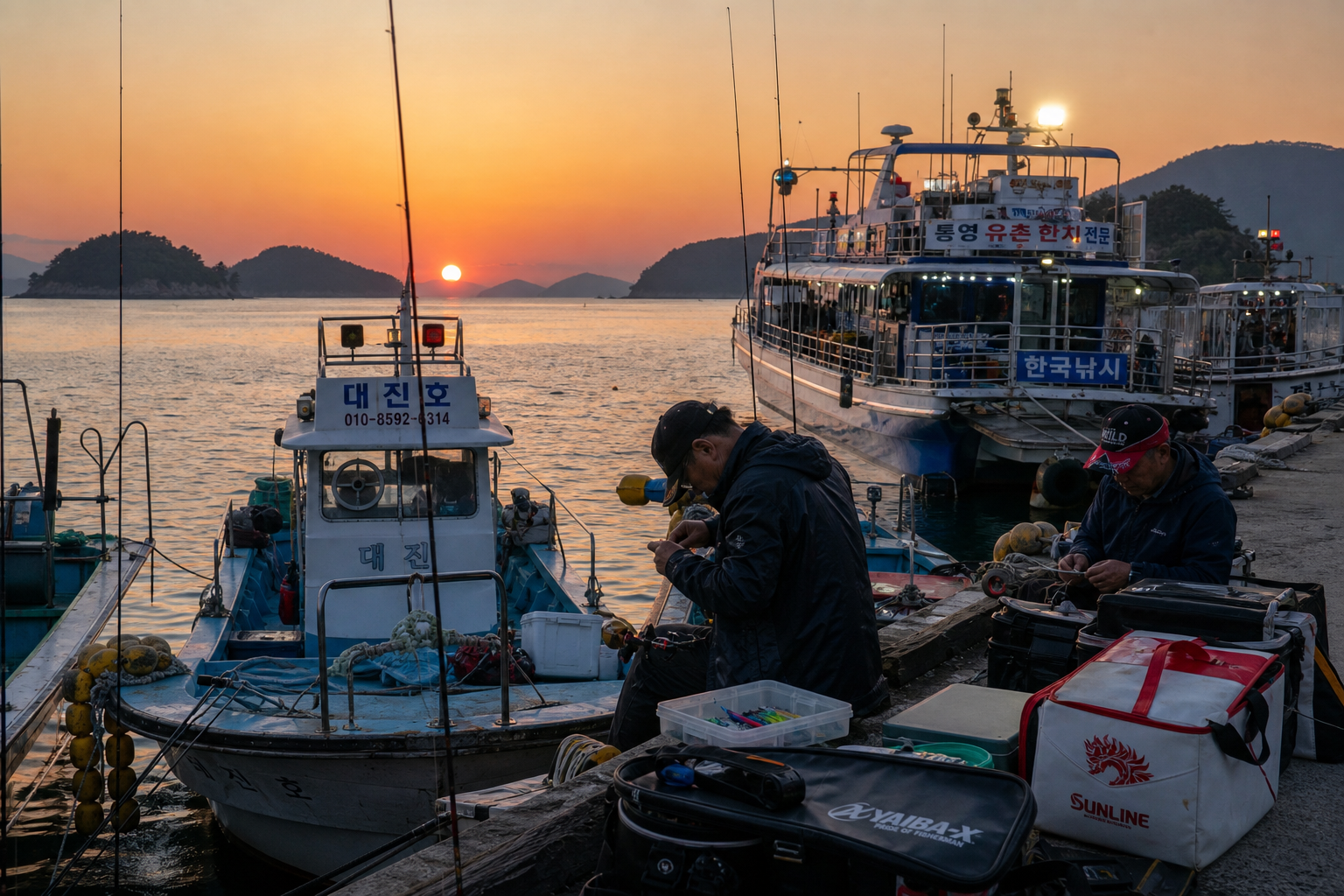 Korean island-hopping squid fishing harbor at dusk, small boats moored at Tongyeong marina, anglers preparing eging tackle, orange sunset over calm sea, realistic travel reportage photography