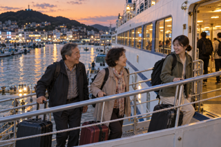 Warm realistic travel photo of Korean parents and adult child boarding a large ferry at evening, luggage, calm harbor lights, comfortable family travel mood, documentary style