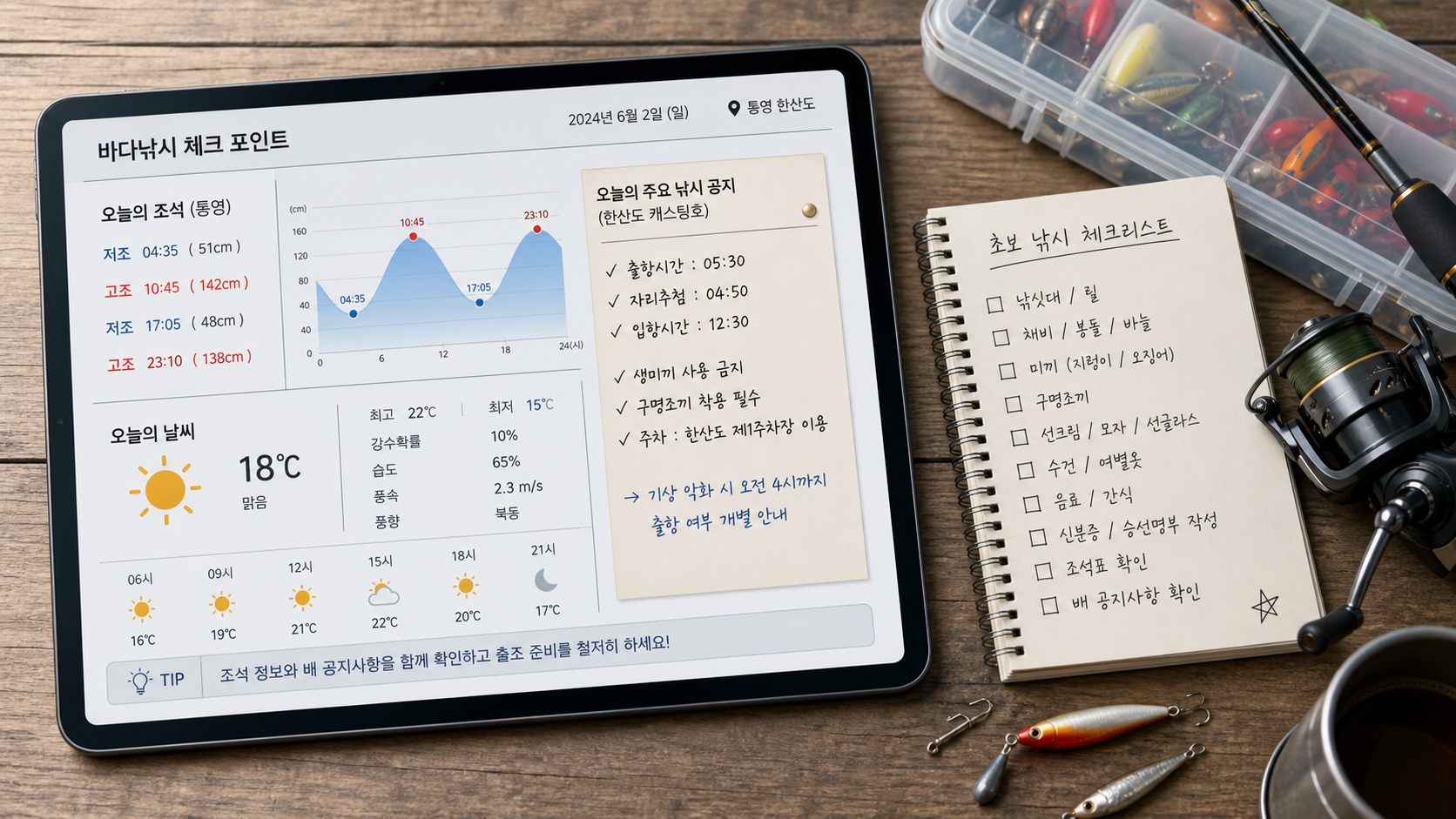 (Clean infographic-style coastal chart on a tablet screen showing tide times, weather icons, and a handwritten beginner checklist beside fishing tackle, soft morning light, realistic reflections controlled, top-down composition, 50mm lens --ar 16:9) 물때표 확인과 선사 공지 체크를 동시에 설명하는 정보형 이미지. 디지털 화면과 실제 준비물이 함께 보이게 구성합니다.