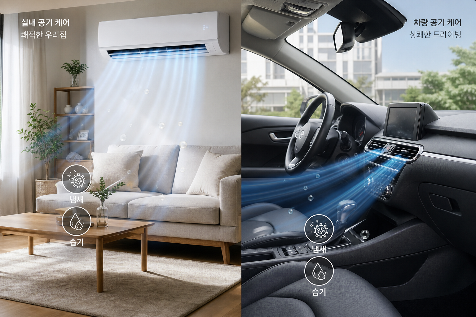 A clean Korean home interior and a compact car side by side, both showing airflow graphics coming from air conditioners, subtle warning icons for odor and moisture, realistic lighting, practical lifestyle photography, 4k