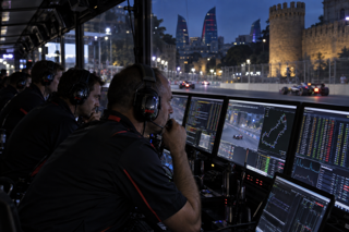 Photorealistic Formula 1 pit wall strategy scene at nightfall in Baku, engineers watching timing screens, reflections on headsets and carbon fiber surfaces, softbox-like monitor glow, shallow depth of field, documentary sports photography