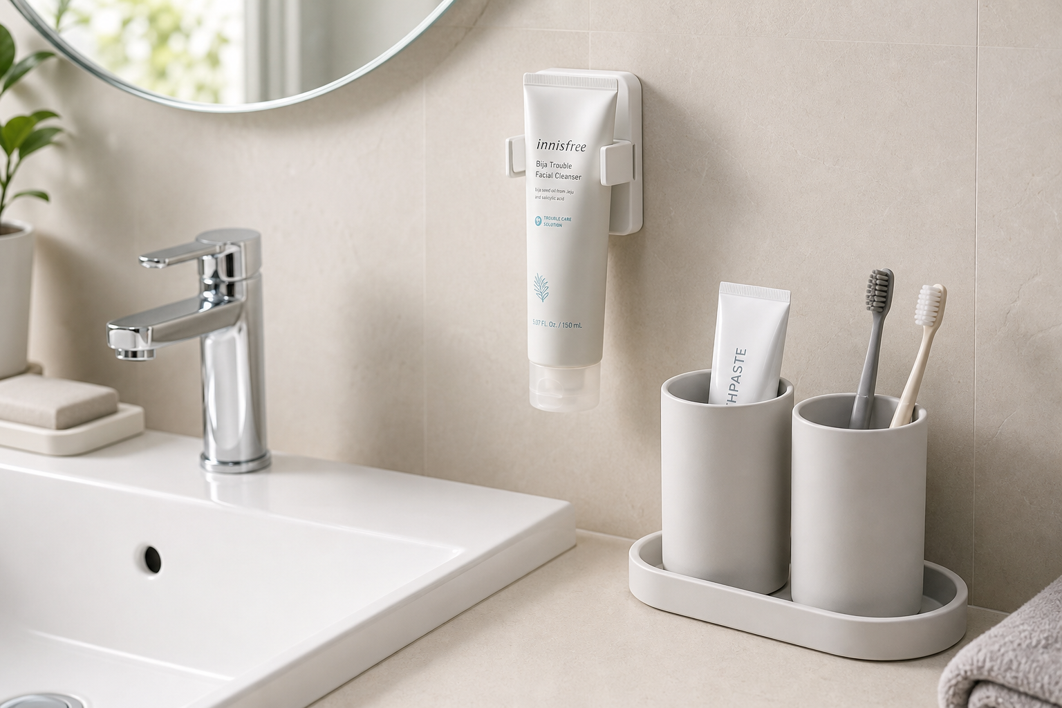 Minimal bathroom sink close-up with toothpaste holder, cleanser tube mounted upside down, neat toothbrush cup set, fresh morning light, realistic product-focused composition