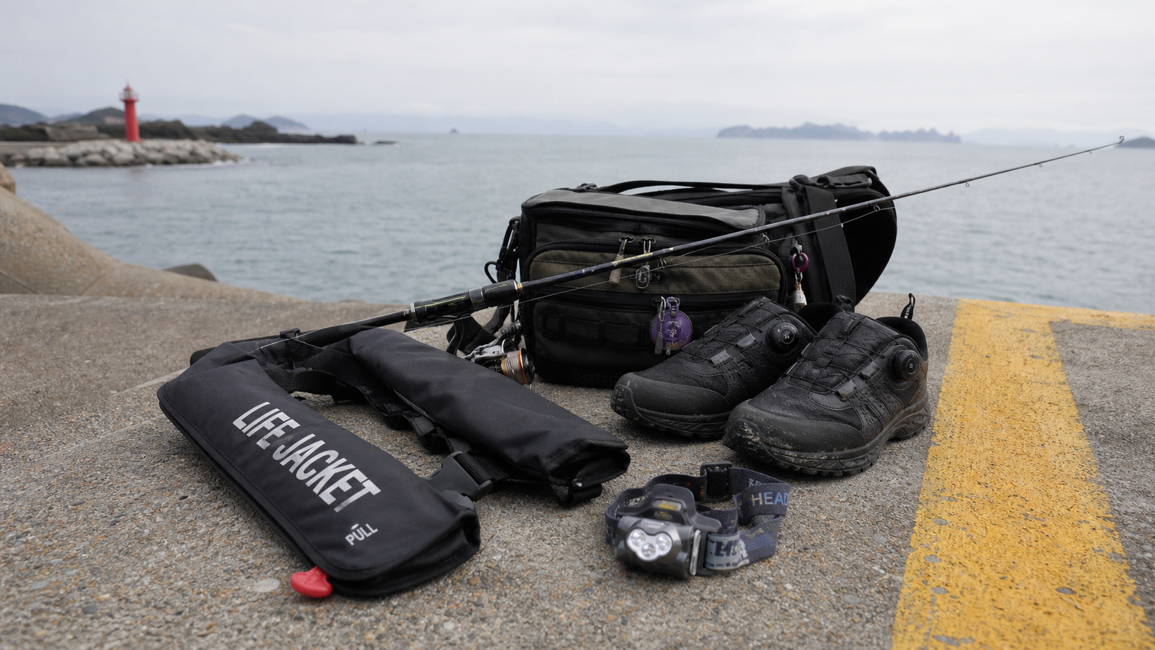 (Realistic coastal safety still life for rock fishing, auto-inflation life vest, non-slip fishing shoes, headlamp, compact tackle bag and eging rod set neatly on concrete breakwater near yellow safety line, overcast marine light, crisp texture, 50mm lens, no people, practical Korean fishing mood --ar 16:9) 거제 남부권 출조 전 반드시 갖춰야 할 안전장비를 보여주는 이미지. 장비 광고처럼 보이지 않고 실제 출조 준비물처럼 담습니다.