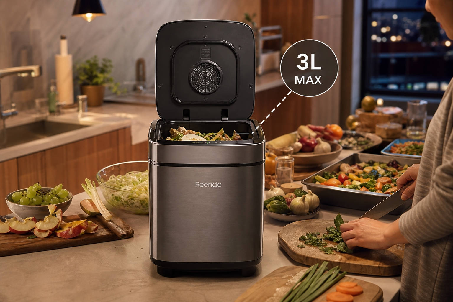 Family kitchen prep scene with larger 3L-class food waste processor, chopped vegetables and fruit peels, spacious countertop, warm evening ambient light, premium documentary product photo, realistic reflections and material detail | MAX의 사용 맥락을 보여주는 컷. 조리량이 많은 주방이라는 흐름이 보이도록 구성.