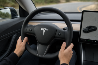 Premium close-up of a Tesla steering wheel in a clean modern cabin, driver hands properly placed at lower left and lower right, natural daylight, realistic automotive editorial photography, 35mm lens, subtle reflections, safety-focused mood