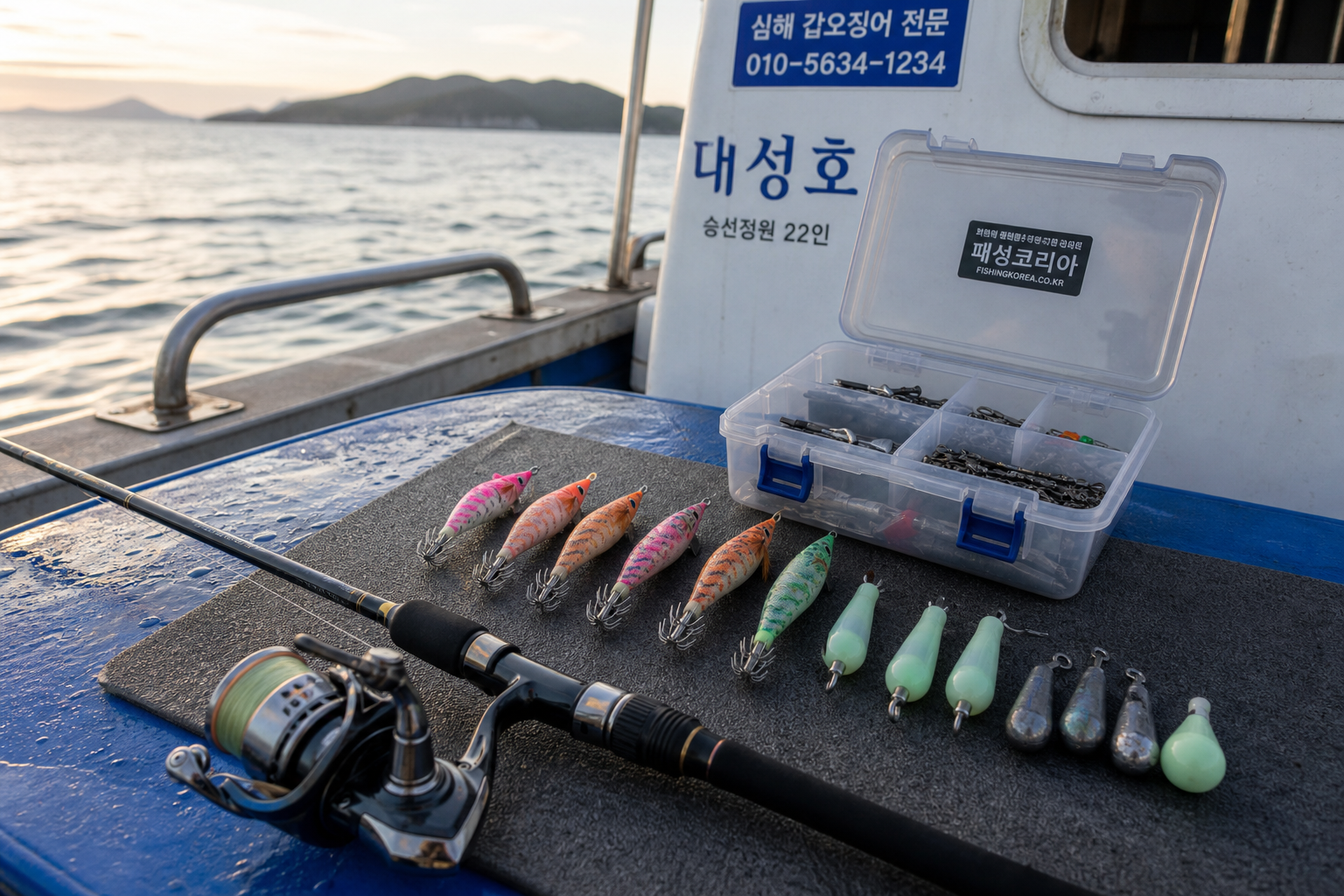 Beginner cuttlefish fishing setup on a Korean boat deck, compact spinning rod, small reel, egi lures in natural and glow colors, sinkers and leader neatly arranged in tackle box, realistic marine morning light