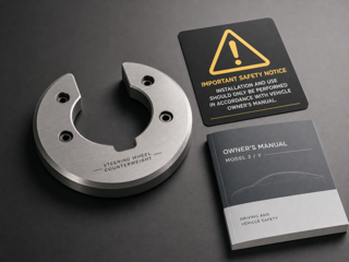 Editorial flat-lay of a Tesla steering wheel counterweight placed beside a warning triangle card and owner manual, metallic accessory texture, clean studio light, premium automotive accessory photography, high detail, caution-oriented composition