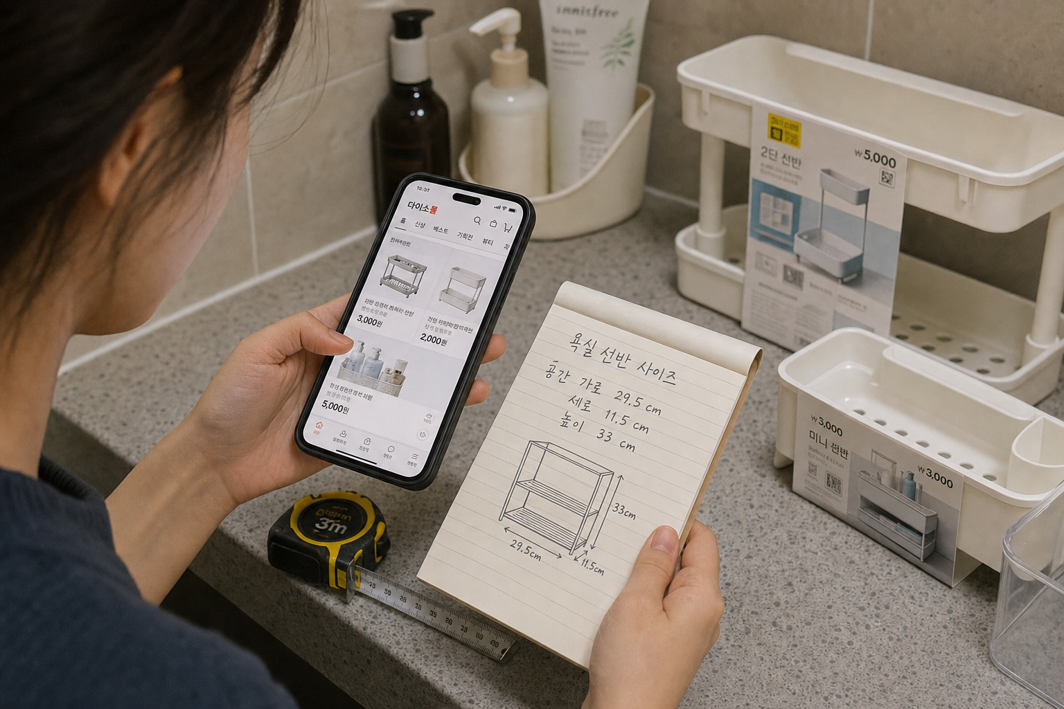 A shopper checking a Korean value store app and handwritten size notes before buying bathroom organizers, with measuring tape, phone screen, and compact bathroom shelf products in frame, clean natural lighting, realistic lifestyle photo 스타일