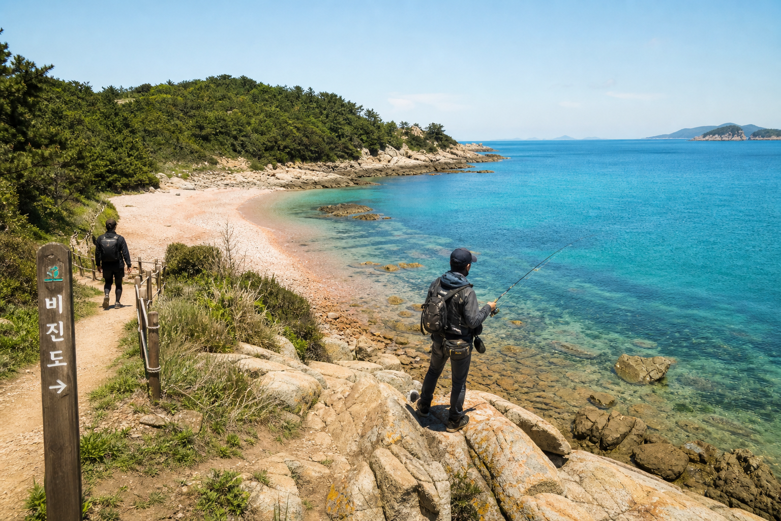 bright natural travel photo of Bijindo island coastline, coral-colored beach and rocky edges, one angler with eging rod on the side while companion walks the trail, crisp sea color, airy composition, realistic Korean island scenery
