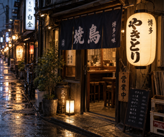 Realistic travel blog photo of a small yakitori restaurant entrance in Fukuoka at night, warm lantern light, narrow street, documentary style, natural colors