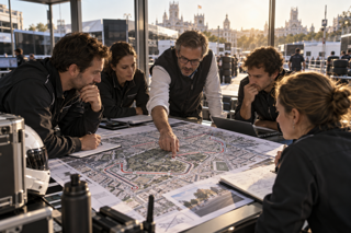 Editorial motorsport photo of F1 engineers and circuit planners reviewing a Madrid street circuit map on a table, sunlight through paddock windows, realistic documentary style