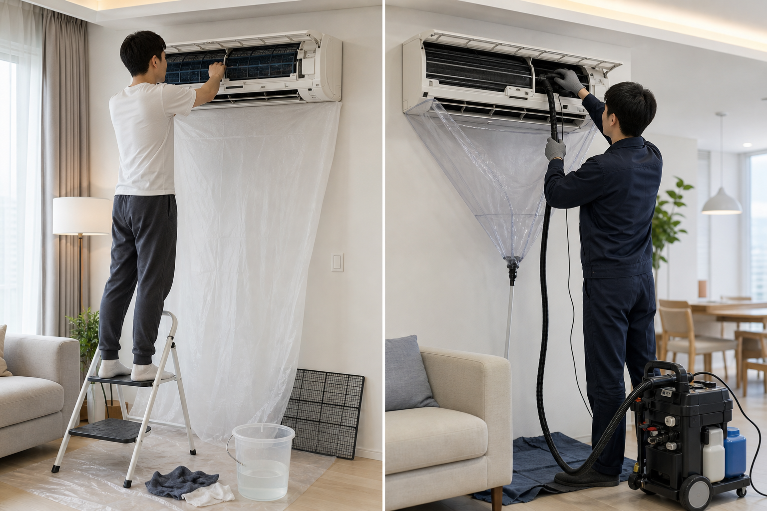 High-end service comparison visual showing split-screen between DIY air-conditioner cleaning and professional technician maintenance, clean Korean home aesthetic, balanced lighting, realistic materials, no brand logos