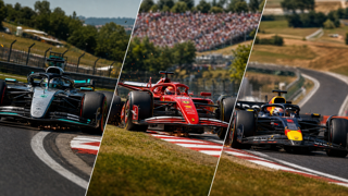 Split-frame motorsport editorial art showing a silver Mercedes, a red Ferrari, and a dark Red Bull attacking a tight technical corner sequence at Hungaroring, heat haze, summer race tension, premium sports magazine style
