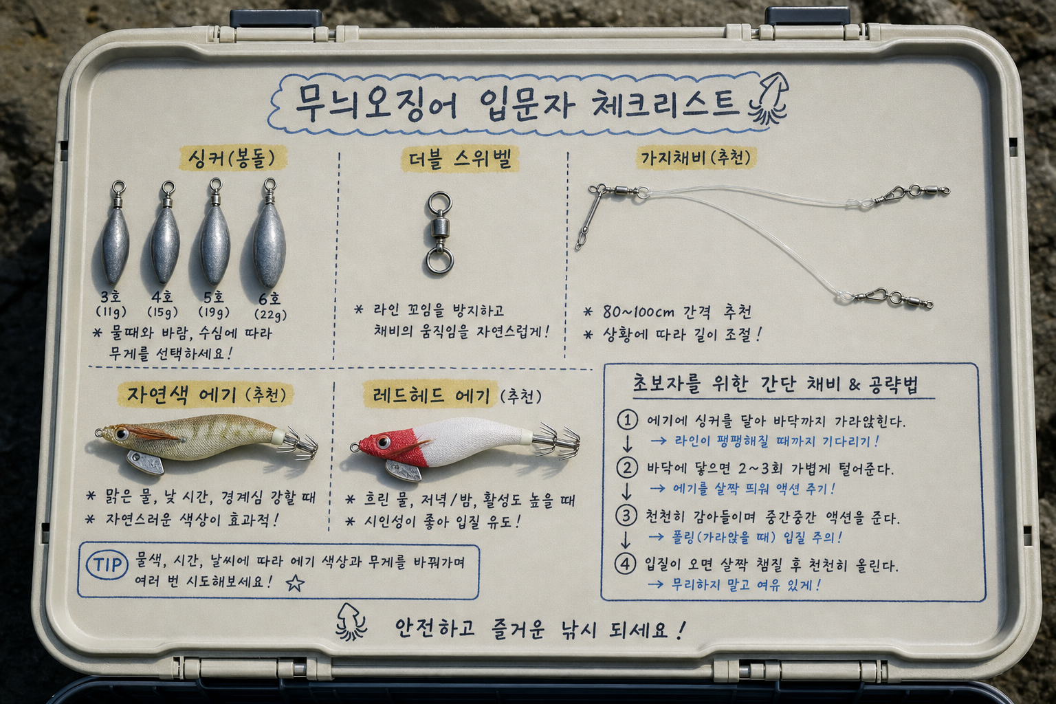 Beginner-friendly Korean fishing checklist on a tackle box lid, labeled sinkers, double swivel, branch line rig, natural color egi, red-head egi, simple step-by-step notes, bright daylight, realistic product photography