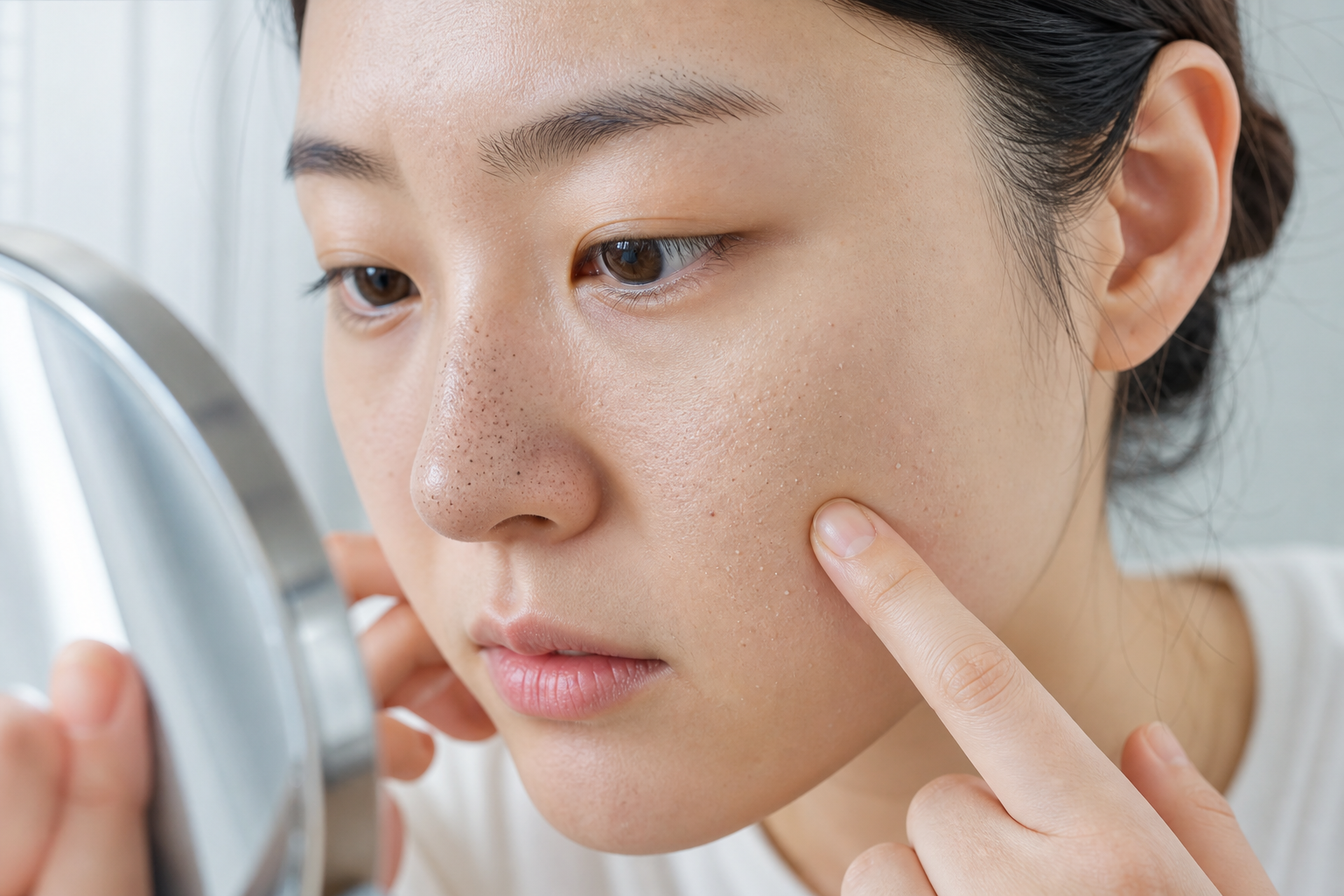 close-up skincare diagnostic scene, Korean woman examining nose and cheek texture in soft daylight mirror, visible contrast between blackheads, tiny closed comedones, and rough dry texture, clean editorial beauty photography, macro skin detail, neutral bathroom background