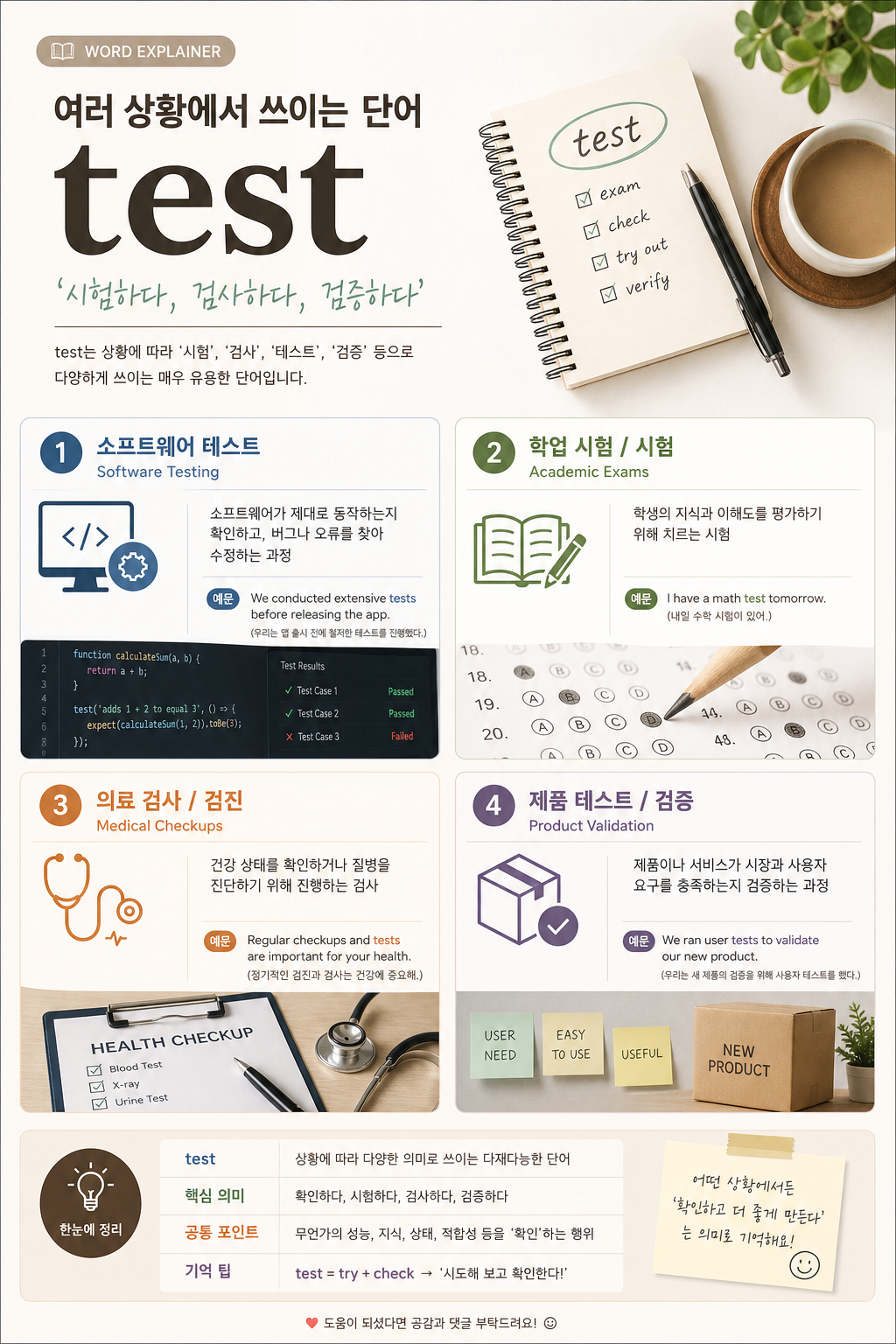 Clean editorial infographic explaining the word test across different contexts such as software, exams, medical checks, and product validation, Korean blog style, warm neutral palette, readable labels, modern flat-lay composition