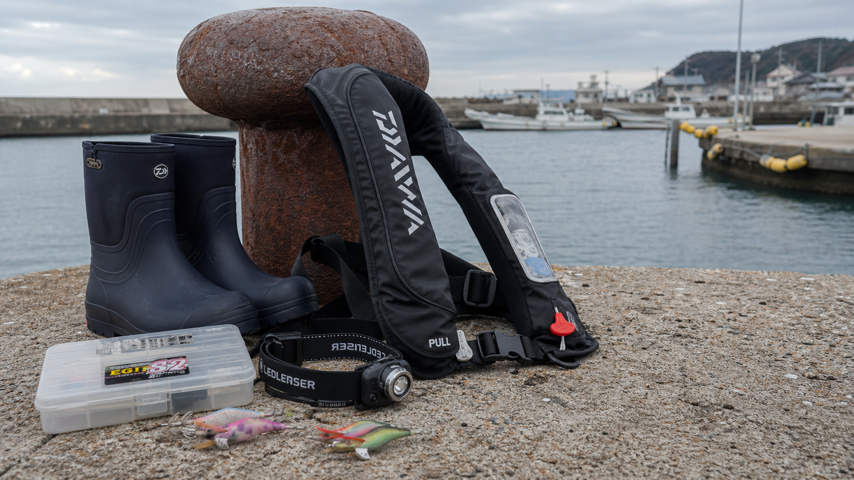 (Realistic Korean harbor fishing safety still life, auto-inflation life vest, non-slip fishing boots, headlamp, compact tackle box, egi lures arranged neatly on a concrete breakwater near a harbor bollard, soft cloudy daylight, crisp texture, 50mm lens, practical documentary mood --ar 16:9) 서부권 에깅 출조 전 준비물과 안전장비를 보여주는 이미지. 광고 컷이 아니라 실제 출조 준비처럼 보이게 구성합니다.