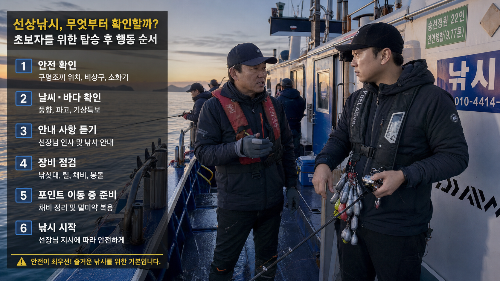 (Realistic action photo on a Korean fishing boat deck at dawn, beginner angler listening to captain while holding rod, organized sinkers clipped to vest, non-slip boots visible on wet deck, soft blue sunrise light, natural documentary composition, 28mm lens --ar 16:9) 선상 운영 순서를 설명하는 현장형 이미지. 초보자가 실제로 무엇을 먼저 봐야 하는지 전달하는 분위기로 구성합니다.