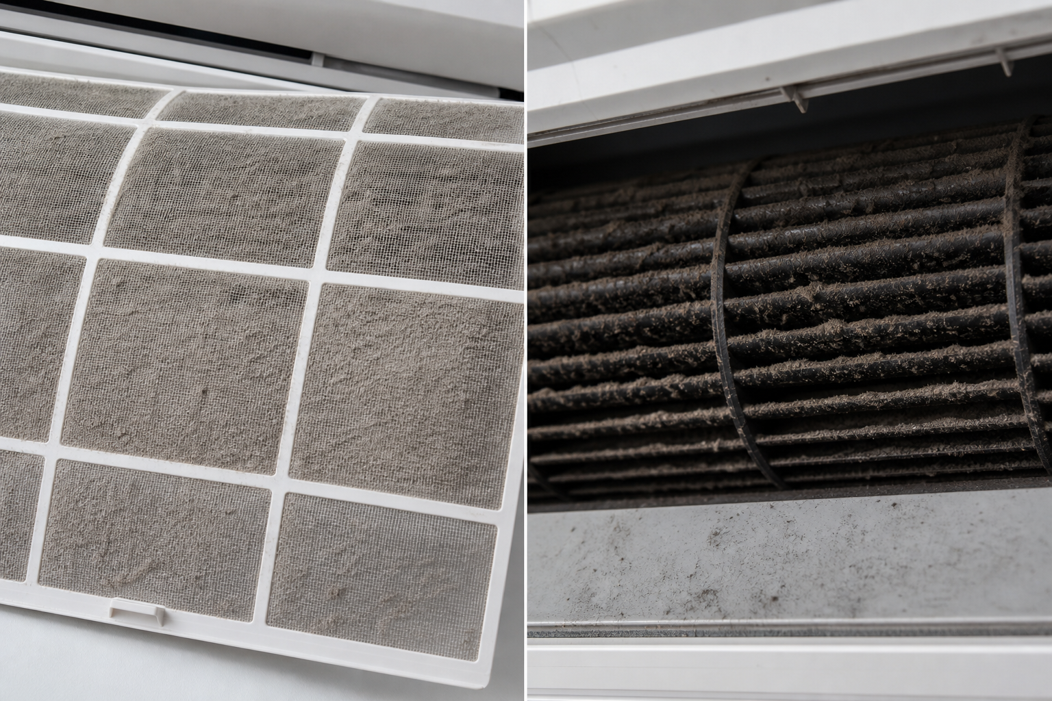 Close-up of AC filter with visible dust versus hidden internal blower contamination, split comparison composition, clean technical lifestyle photo