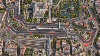 Overhead view of a Formula 1 street circuit in Madrid, highlighting tight corners, DRS straight, packed grandstands, and city infrastructure, editorial sports infographic style