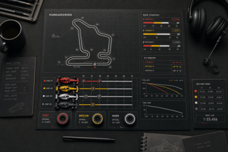 (Top-down motorsport strategy board aesthetic with tiny F1 cars, tire compounds, pit window markers, and a stylized Hungaroring track map on a dark engineer desk, cinematic lighting, technical but clean, premium editorial photo