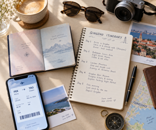Realistic flat lay travel preparation photo with passport, Qingdao itinerary notes, smartphone e-ticket screen, soft window light, neutral background, clear readable travel mood