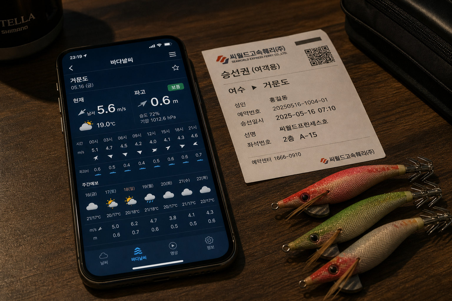 realistic smartphone screen showing marine weather, wind speed and wave height beside ferry ticket and squid jigs, dark wooden desk, moody practical travel prep scene