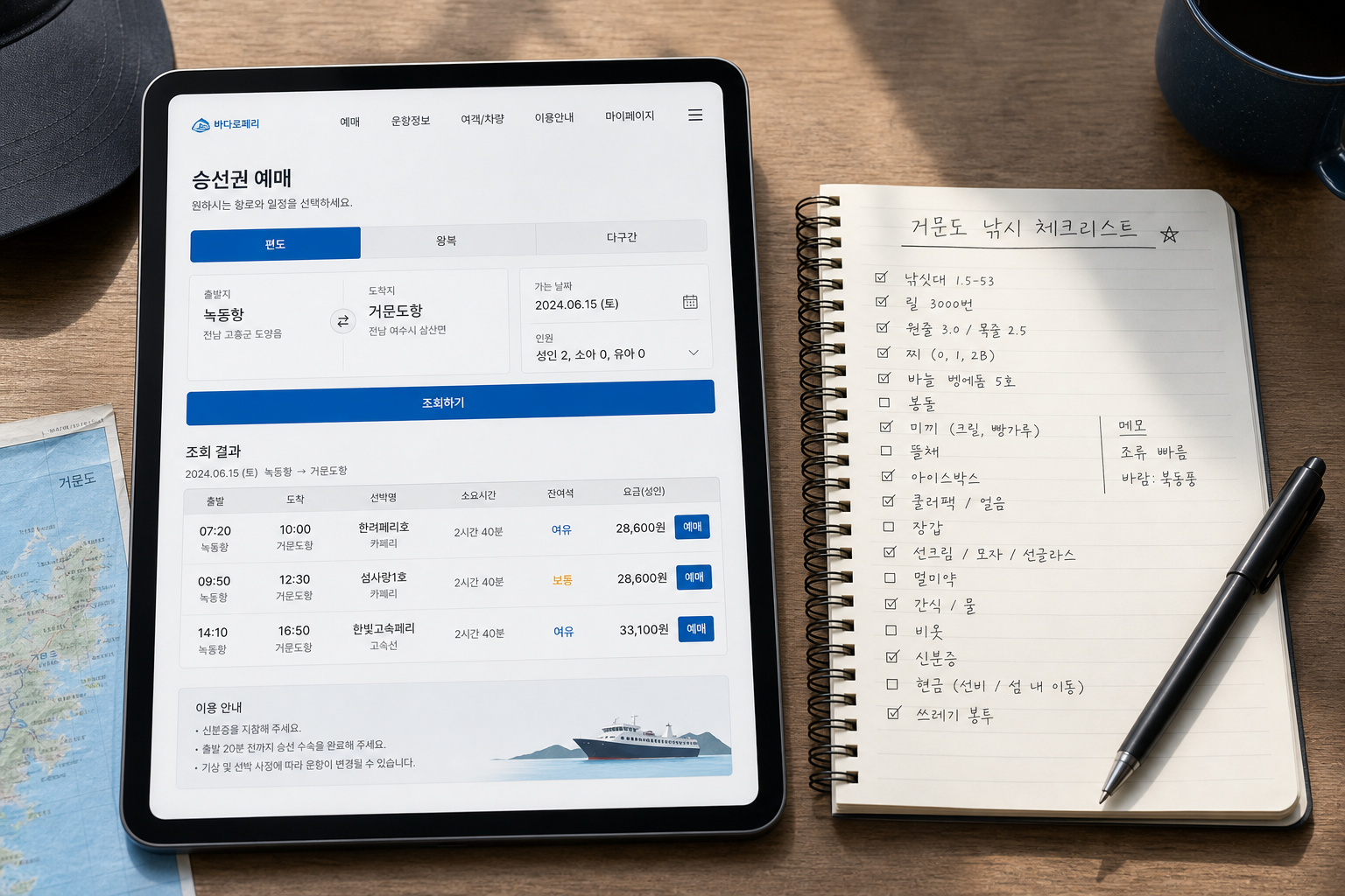 clean editorial interface mockup of a Korean ferry reservation screen beside a handwritten fishing checklist, minimal gear on a desk, natural daylight, practical travel planning mood