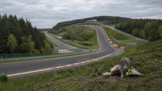 Wide view of Spa-Francorchamps circuit with dramatic elevation changes, soft cloudy sky, small memorial focal point near the famous uphill section, solemn and realistic tone