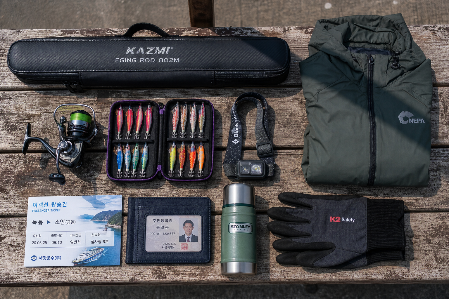 top-down still life of compact eging travel kit for a Korean island trip, rod case, reel, squid jigs, headlamp, rain jacket, ferry ticket, ID card wallet, thermos and gloves arranged neatly on weathered harbor bench, realistic daylight, crisp details