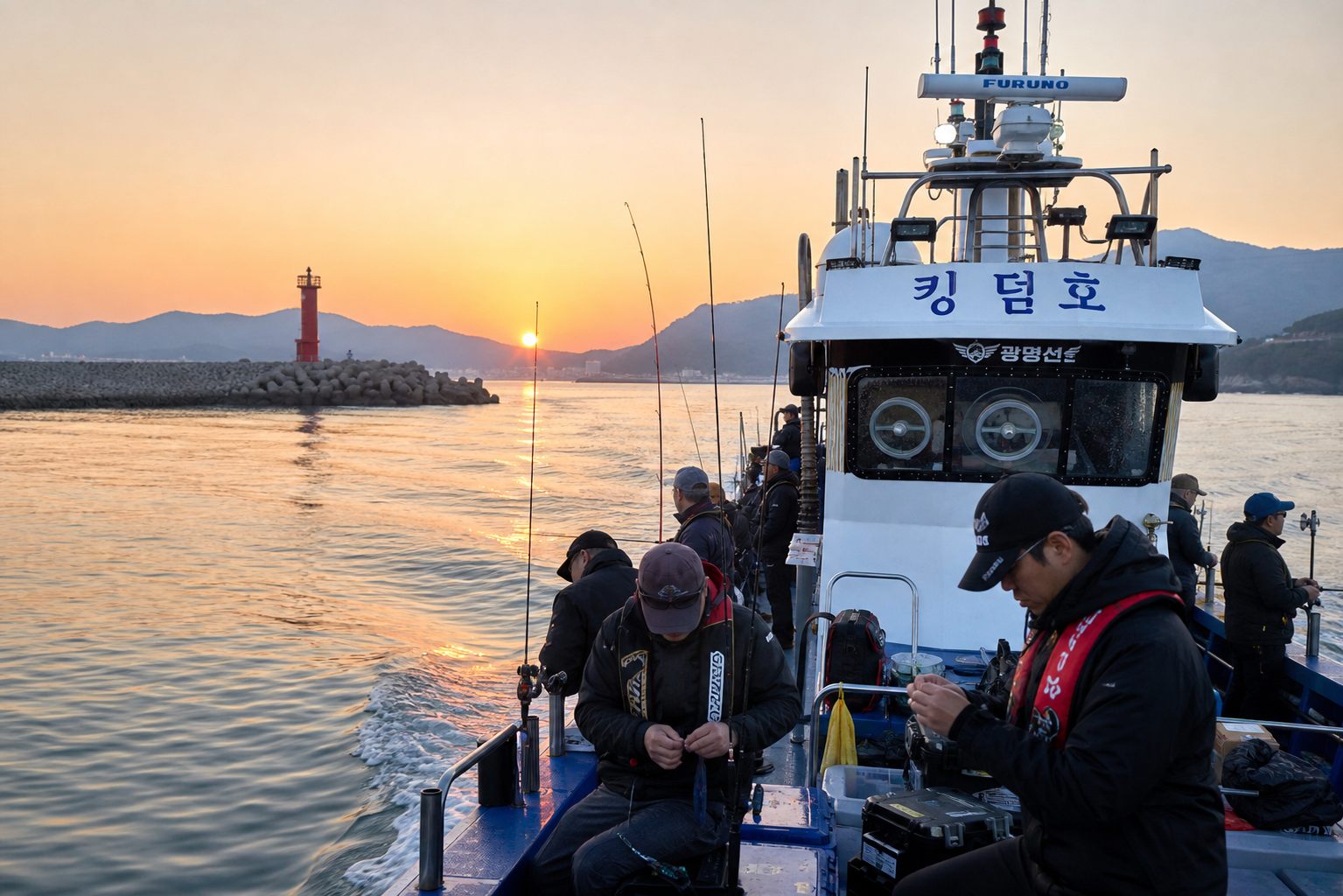 Korean west coast fishing boat leaving harbor at sunrise in autumn, calm sea, anglers preparing egi rigs, subtle orange sky, documentary style