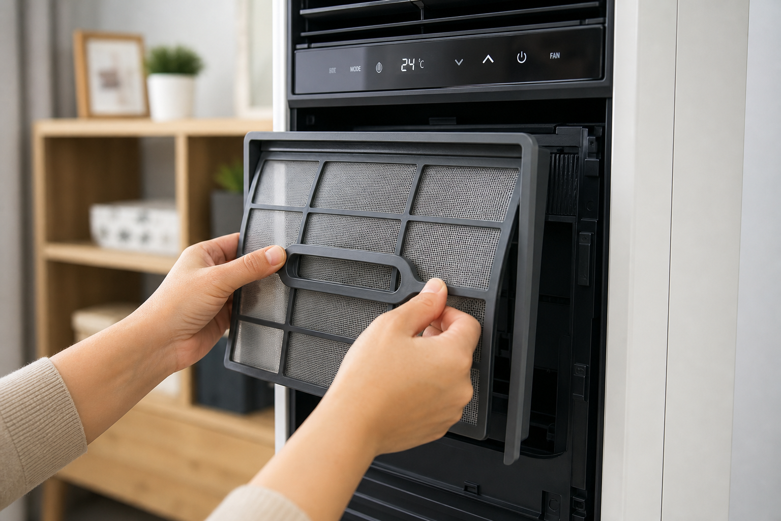 Close-up of hands removing a washable filter from a premium floor-standing air conditioner, clear handle detail, organized home setting, realistic appliance maintenance tutorial photo
