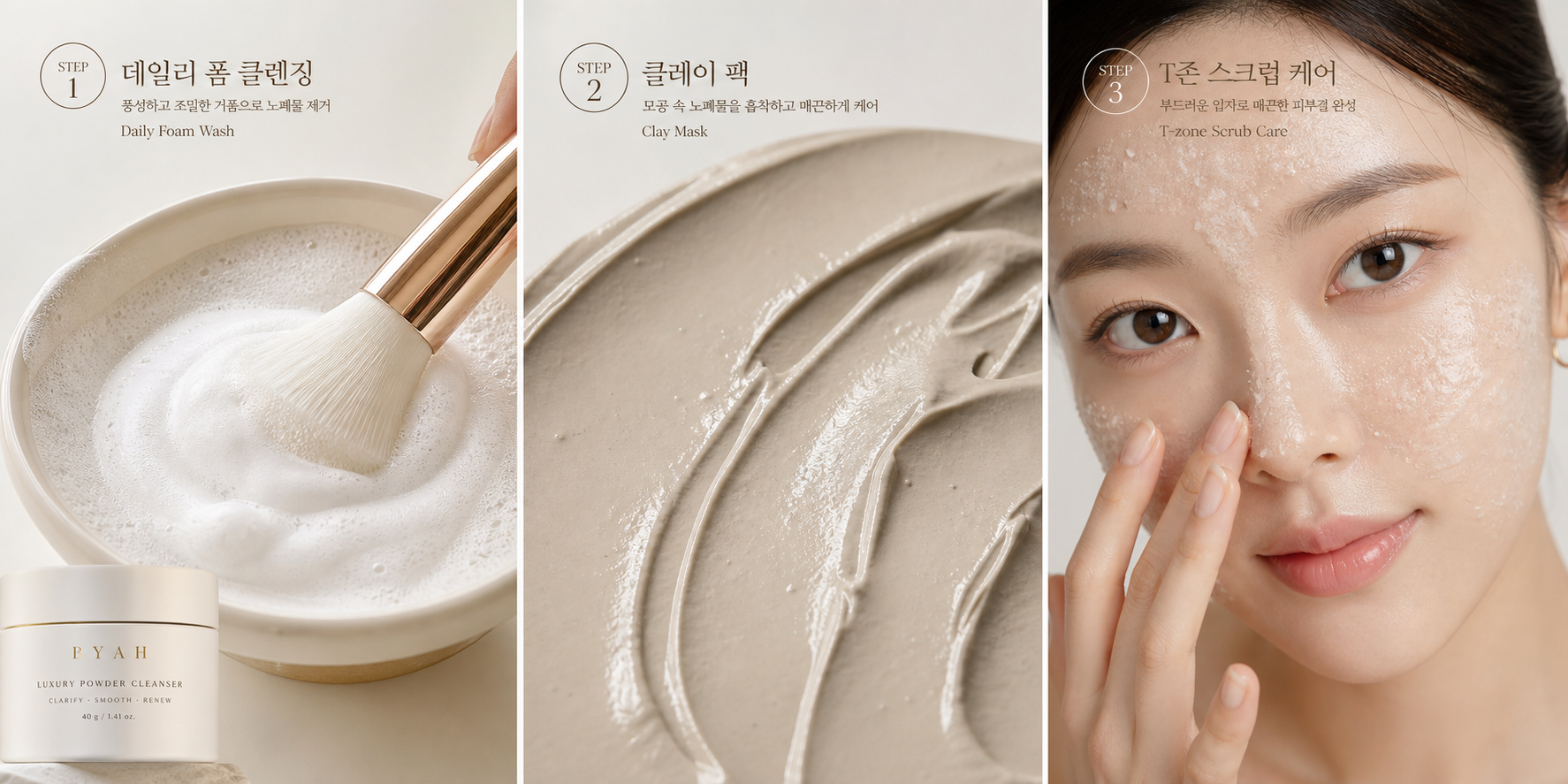 luxury powder cleanser usage sequence, three-step beauty storyboard showing daily foam wash, dense clay mask texture, and gentle T-zone scrub, bright neutral studio light, glossy ceramic bowl and soft brush, high-end Korean skincare campaign aesthetic
