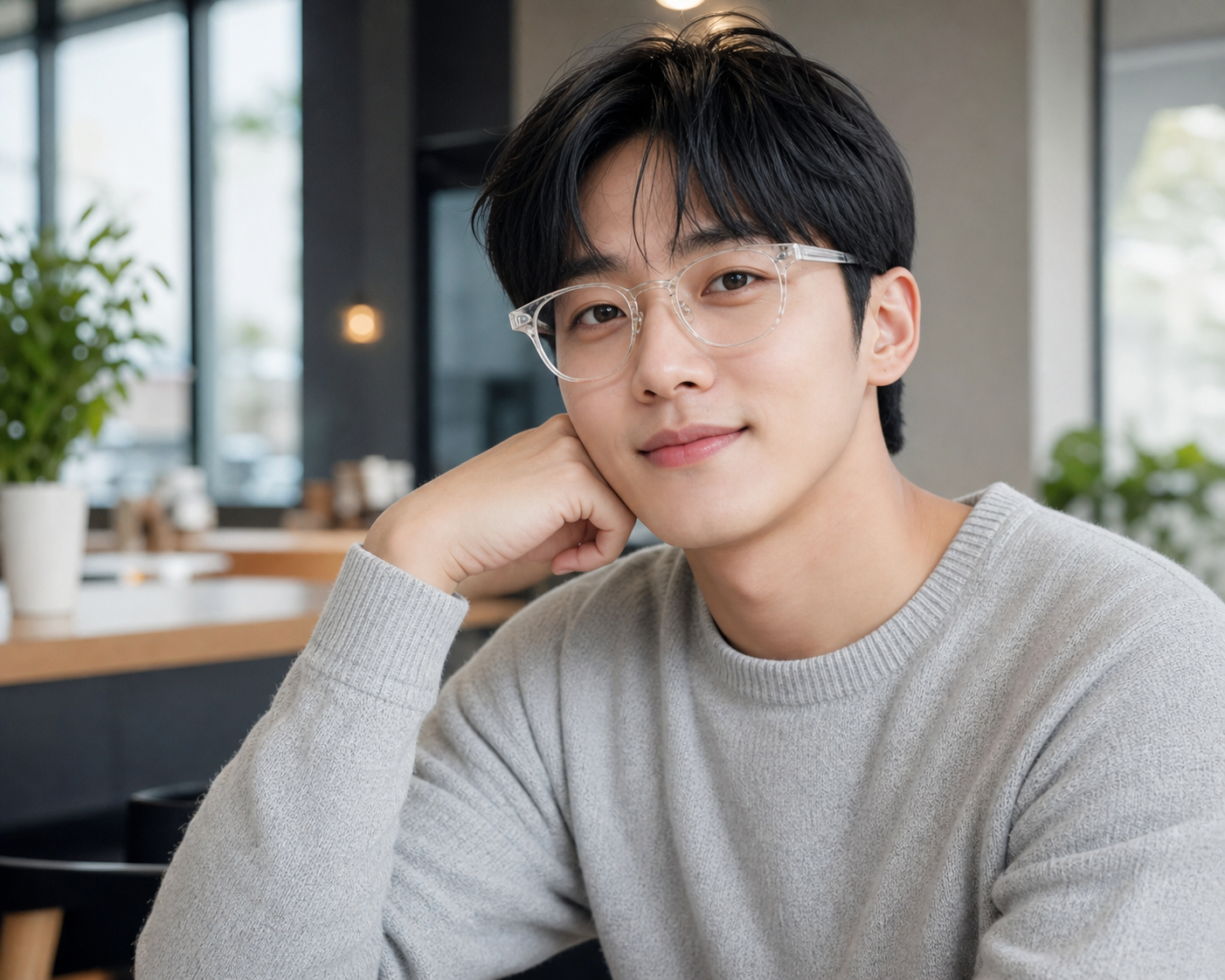Lifestyle portrait of a Korean adult wearing transparent horn-rim eyeglasses in a bright cafe, natural skin tone, soft reflections on clear acetate frame, clean casual outfit, realistic editorial photography